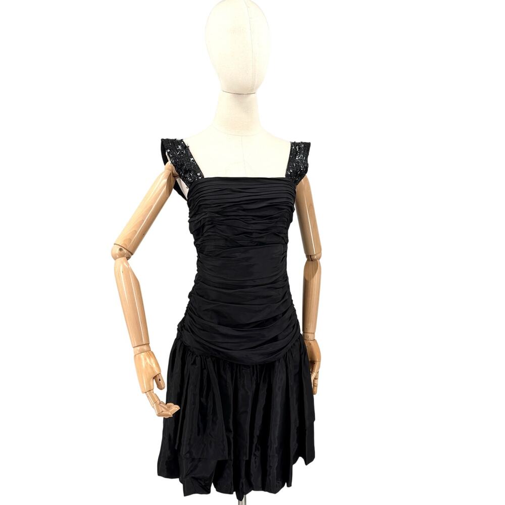 Vintage 80s Tadashi Black Ruched Sequin Strap Glam Cocktail Party Dress